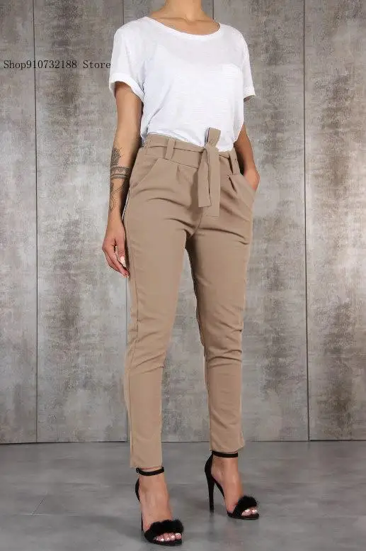 Summer Simply Solid Color Casual Pockets Straight Elastic Waist Lace Up Long Trousers Women