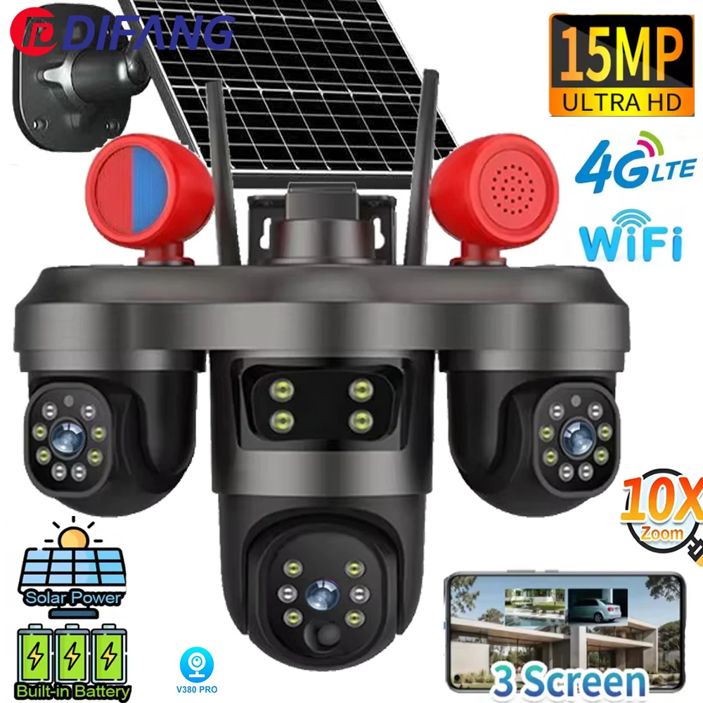 

DIFANG Wireless WiFi Solar Camera Three Lens Three Screen 4G Sim Card Solar Cam Ai Tracking Outdoor Solar Surveillance V380 Pro