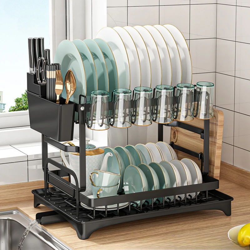 2-Tier Dish Storage Rack with Automatic Drying Space-Saving Kitchen Organizer for Plates Utensils Cutlery Kitchen Draining