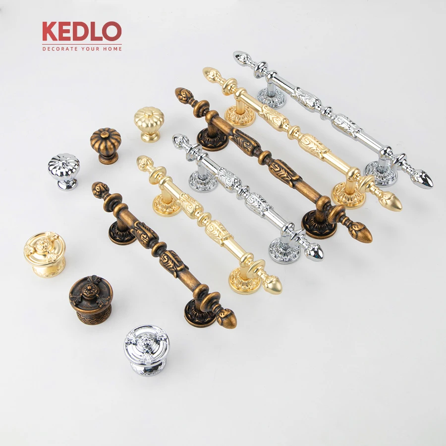 KEDLO European retro pattern antique brass handle kitchen cabinet brushed gold handle drawer silver knob