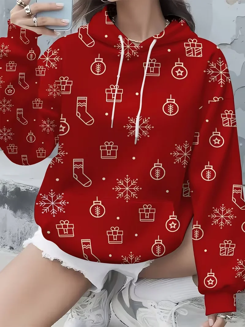 Womens Casual Christmas Snowflake 3D Pattern Hoodied Sweatshirt  Autumn Winter New Long Sleeve Christmas Snowman Print Hood Tops