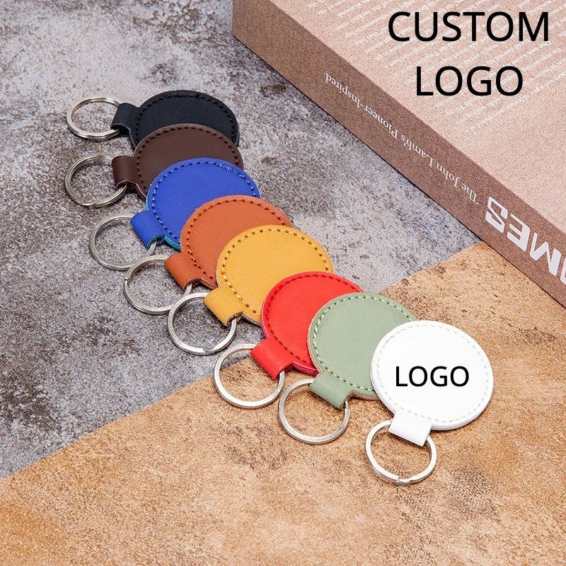 

Customized LOGO PU Leather Round Keychain for Men and Women Car Key Chain Ring Laser Engrave Personalized Blank Keyring Gift