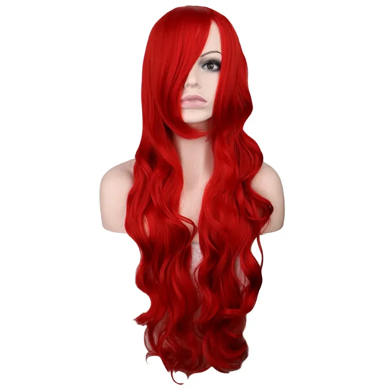 QQXCAIW Lange Wellenförmige Cosplay Perücken Für Frauen Partei Kostüm Schwarz Weiß Rot Rosa Blau Blonde Orange Synthetische Haar Perücken mit pony