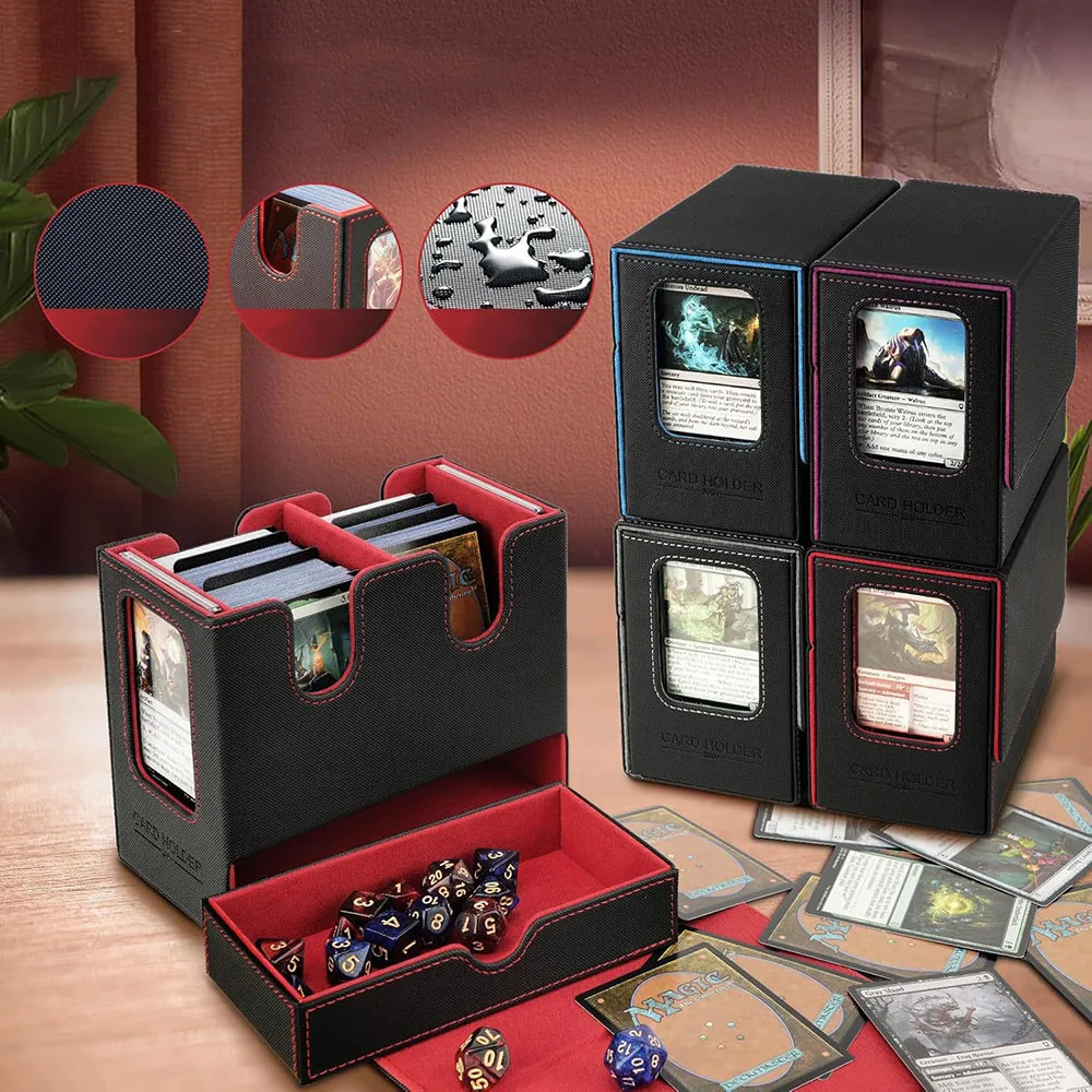 Card Box Large Capacity Hold 260+ - Single Sleeved Cards Double Window Concealed Drawer Magnetic