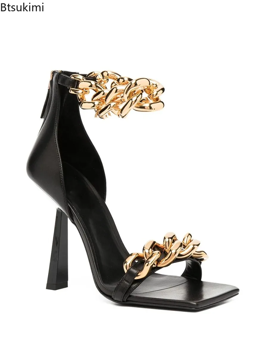 New 2025 Summer Women's Snake Sandals Pattern Chain Square Toe Rose Pink Sandals for Woman Open Toe Back Zipper Pumps High Heels