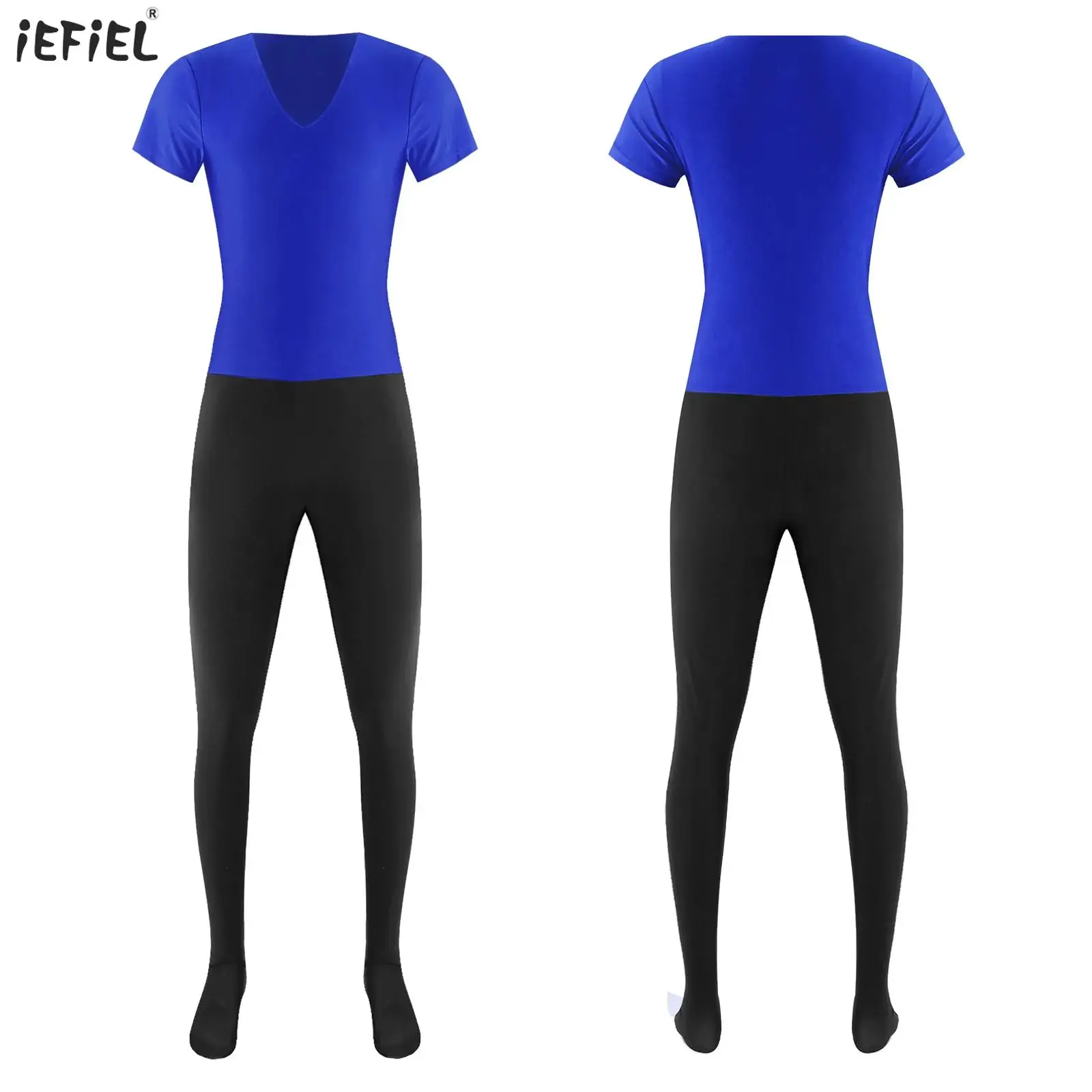 

Mens Gymnastics Ballet Dance Unitard Jumpsuit V Neck Short Sleeve Long Pants Contrast Color One Piece Bodysuit Gym Yoga Costume