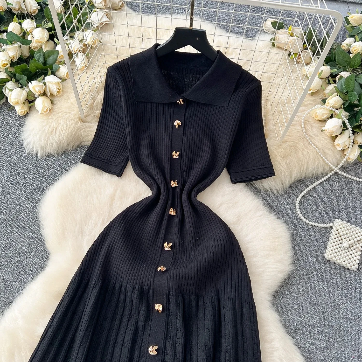 Chic Mode Elegante Patchwork Gestrickte Maxi Kleid 2025, Sommer Dame drehen-unten Kragen Hemd Pullover Kleid Party Vestidos