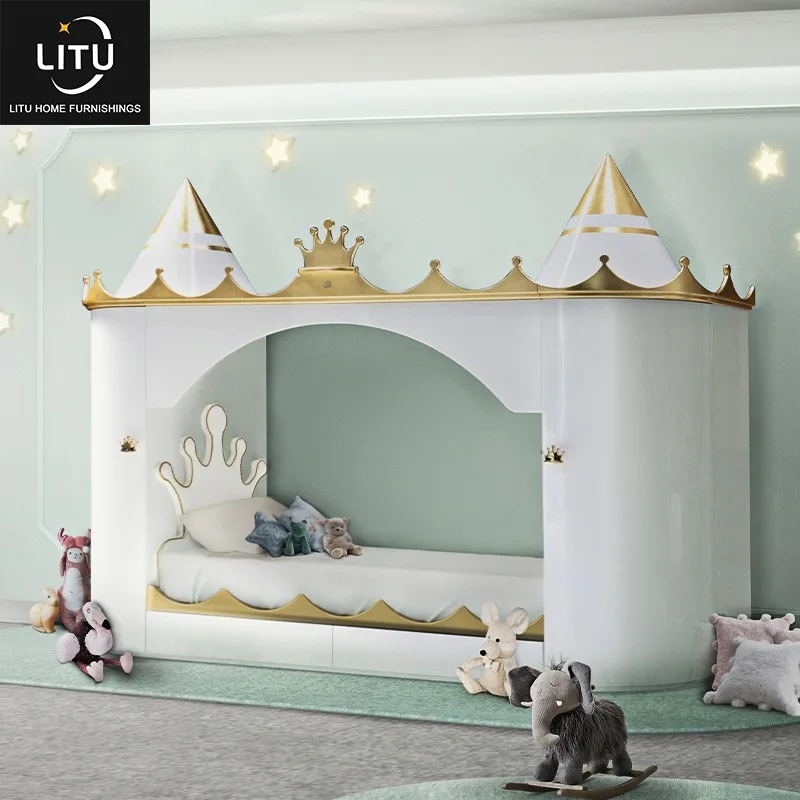 Dongguan High Quality Furniture Custom Factory OEM/ODM Bedroom Solid Wood Gilded Luxury Boys Girls Fairytale Castle Kids Bed