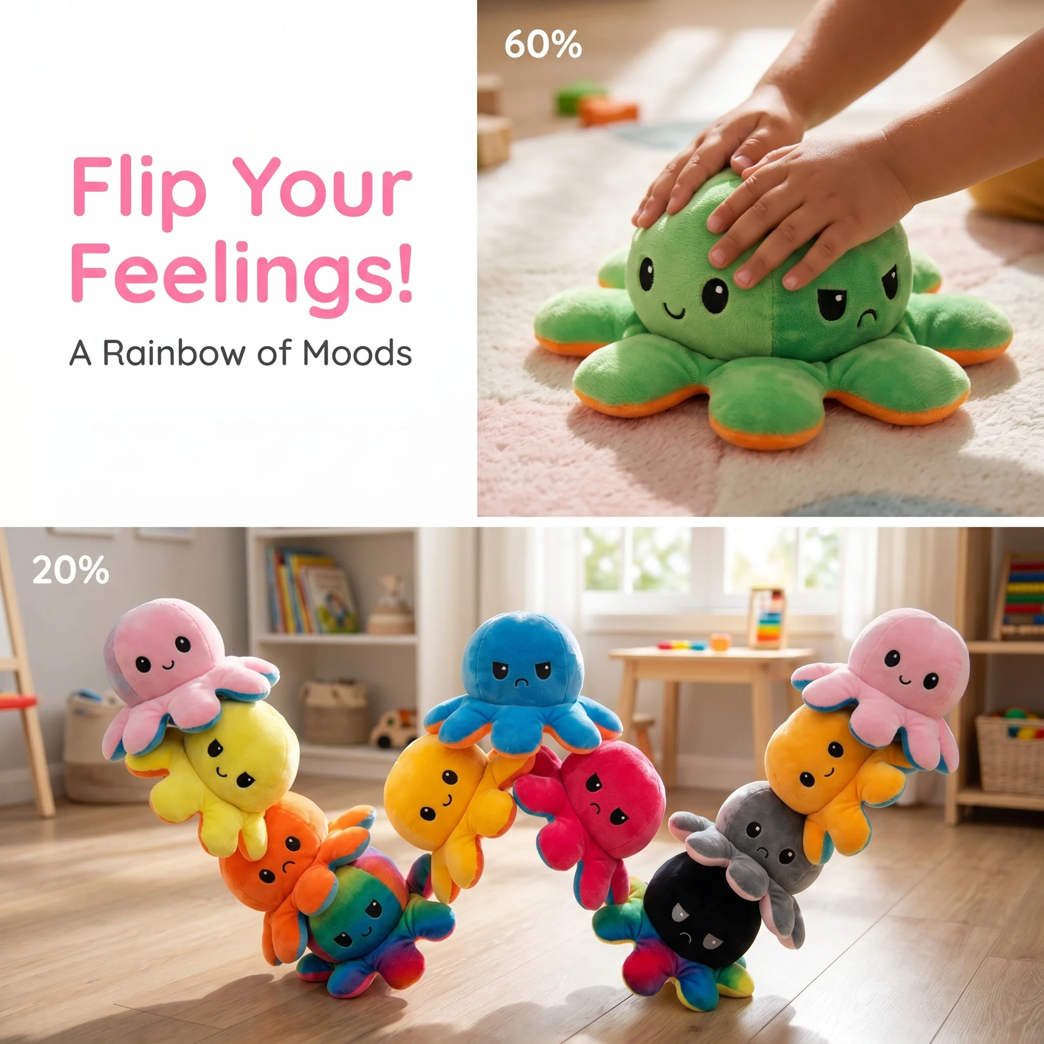Reversible Flip Octopus Plush Keychain Double Face Mood Changing Octopus Doll Backpack Pendant Cute Gift For Girls Couple
