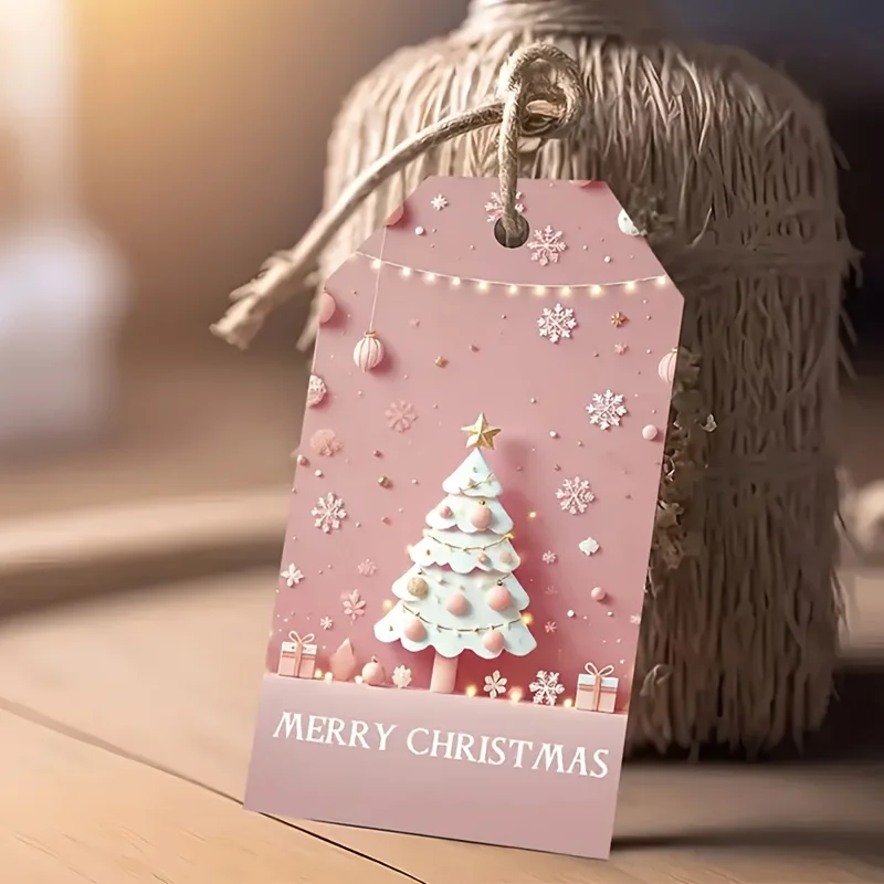 48 Stück elegante Weihnachtsgeschenkanhänger mit Schnur, rosa Feiertagsetiketten, Frohe Weihnachten, Text, Geschenkbox, Dekoration, Karten, Party-Dekoration