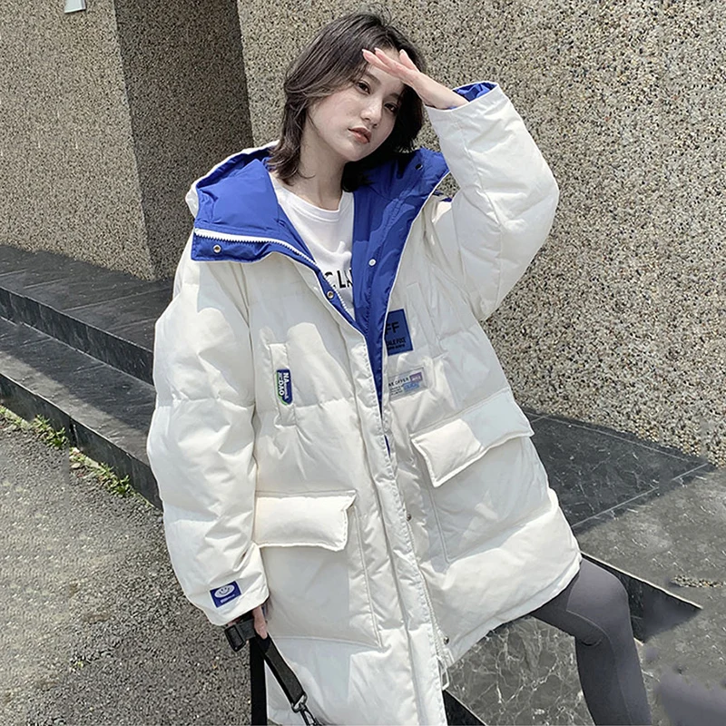 

2023 New Down Cotton Coat Women's Winter Mid-Length Parkas Female Korean Double-Sided Wear Jacket Loose Hooded Fashion Outwear