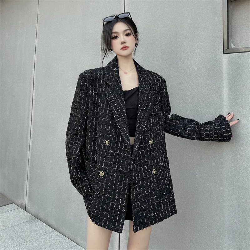 UNXX Oversized Woven Black Blazer for Women Female Office Lady, Autumn/Winter Loose-Fit High-End Jacket Fashionable High Quality