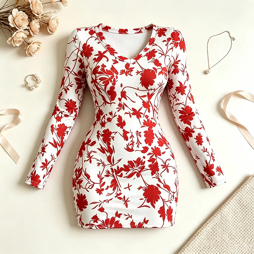 Women's V-Neck Mini Dress Autumn Casual Fashion Leaf Flower Print Long Sleeve Waist Bag Hip Skirt Length