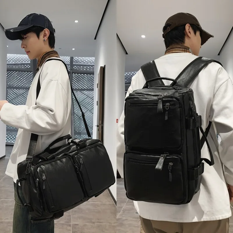 Leather Double Shoulder Bag Trendy Brand Versatile Men's Laptop Backpack Multifunctional Single Shoulder Bag College Student ...