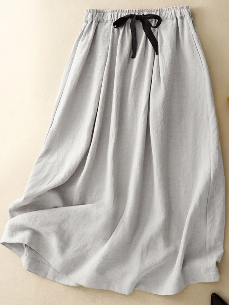 

Юбка трапециевидной формы из хлопка и льна в стиле ретро, женская летняя юбка цвета морской волны, полная юбка с поясом, льняной зонтик длиной до колена...
