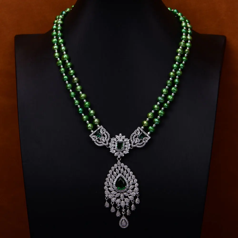 G-G 2 Strands Green Cultural Pearl Cz Pave Pendant Necklace Gemstone Necklaces Jewelry Women