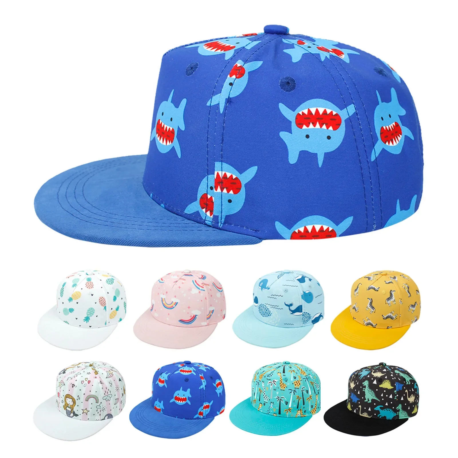 

Spring Summer Child Cartoon Outdoor Leisure Sun Baseball Cap Boy Girl Cotton Breathable Dinosaur Shark Print Adjustable Cap