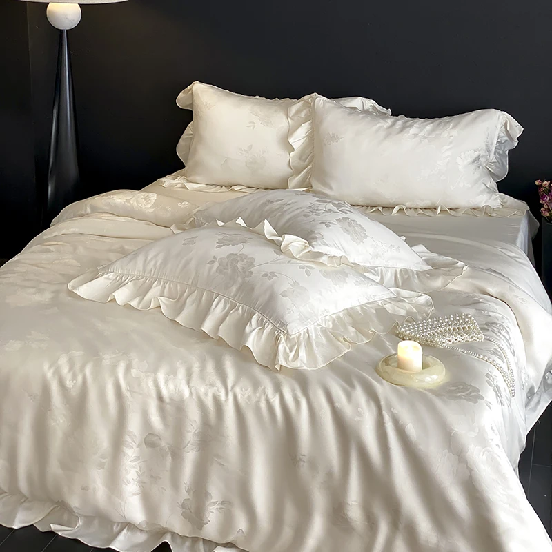 French Style Soft Cool Feeling Bedding Four Piece Set  Jacquard Lotus Leaf Lace Summer Bed Sheet Fitted Sheet Duvet Cover Luxury