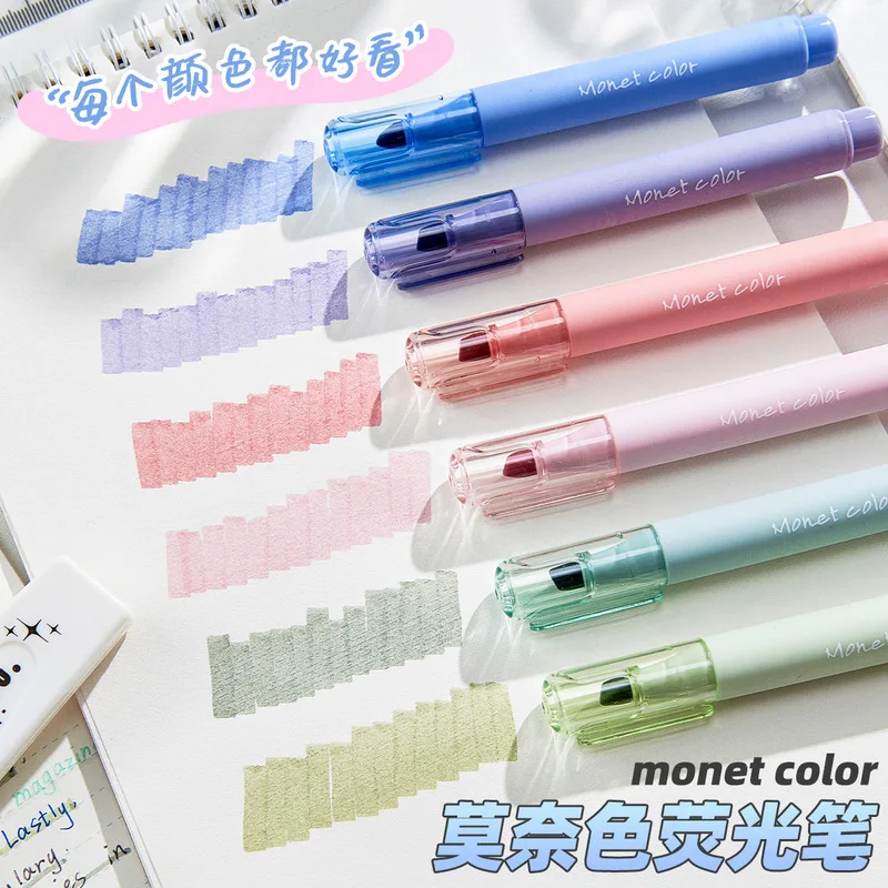 Large capacity Monet color highlighter pens set mild pastel colors eye protective fluorescent marking pens for student study not
