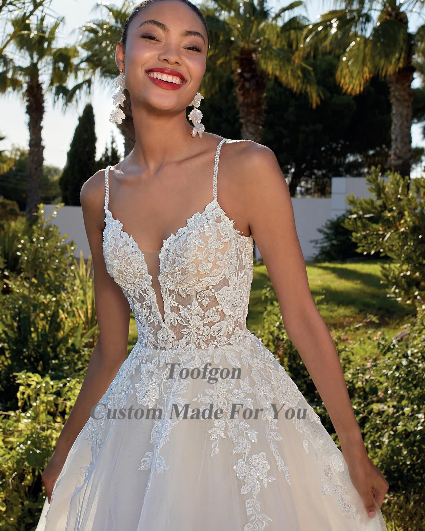 Toofgon-Robes de mariée en dentelle avec appliques pour la mariée, une ligne, tulle, bretelles spaghetti, robe de mariage pour les patients, tout ce qui est personnalisé