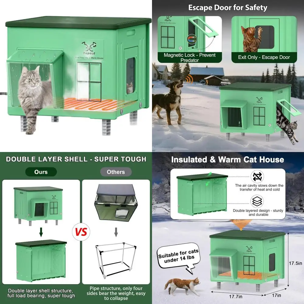 

Rugged Waterproof Outdoor Heated Cat Shelter, 17.7x17.7x17.5, with Escape Door for Winter Protection