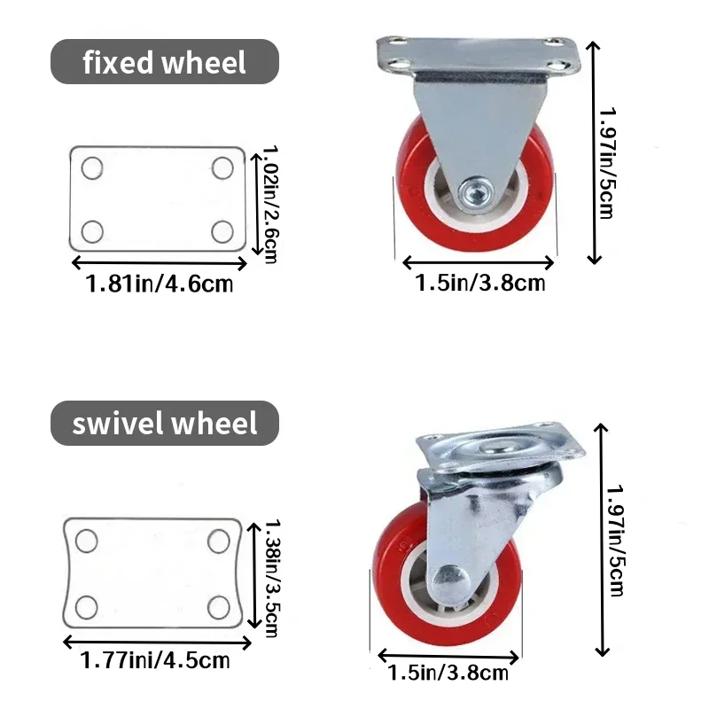 4pcs casters, universal rotating wheel fixed wheel, 1.5-inch red wheel, used for furniture, cabinets, and handcarts,swivel wheel