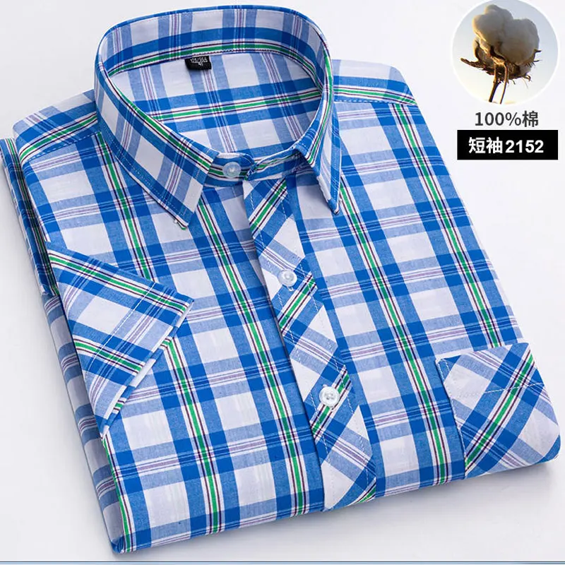 6XL men\'s short-sleeved shirt 100% cotton spring/summer thin Oxford woven high quality casual plaid fashion no-iron plus size