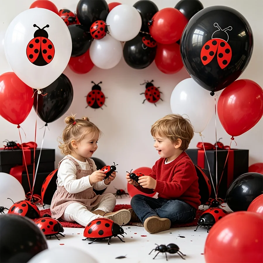 Red Black White Ladybird Balloons Set, Cute Cartoon Ladybug Printed Latex Balloons for Kids Birthday & Garden Insect Themed Part