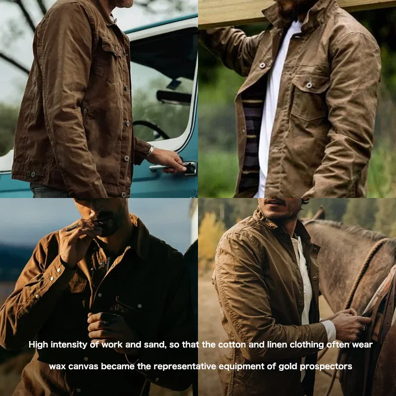 Maden Chaqueta Pesada de Tela Retro Oil Waxed para Hombres, Camuflaje Impermeable de Caza, Chaqueta de Otoño Khaki para Trabajo Casual con Estilo Safari