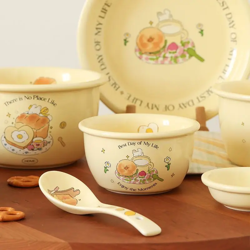

Bread Rabbit Cream Style Ceramic Tableware Set Gift Box with Bowls Plates Dishes and Chopsticks Ins Aesthetic Dining Collection