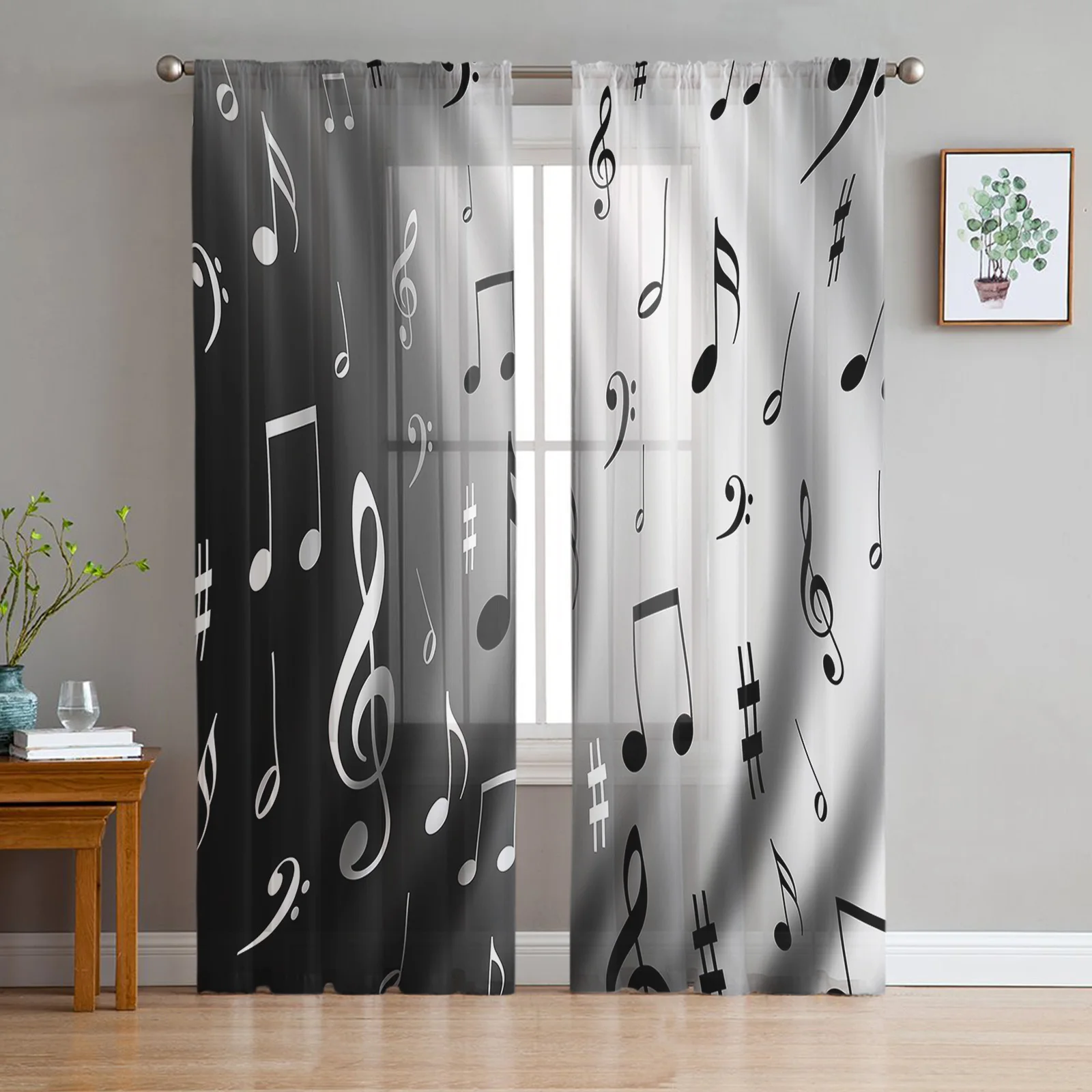 Water Wave Music Black White Musical Notes Sheer Curtains for Living Room Decor Window Curtains Kitchen Tulle Voile Curtains