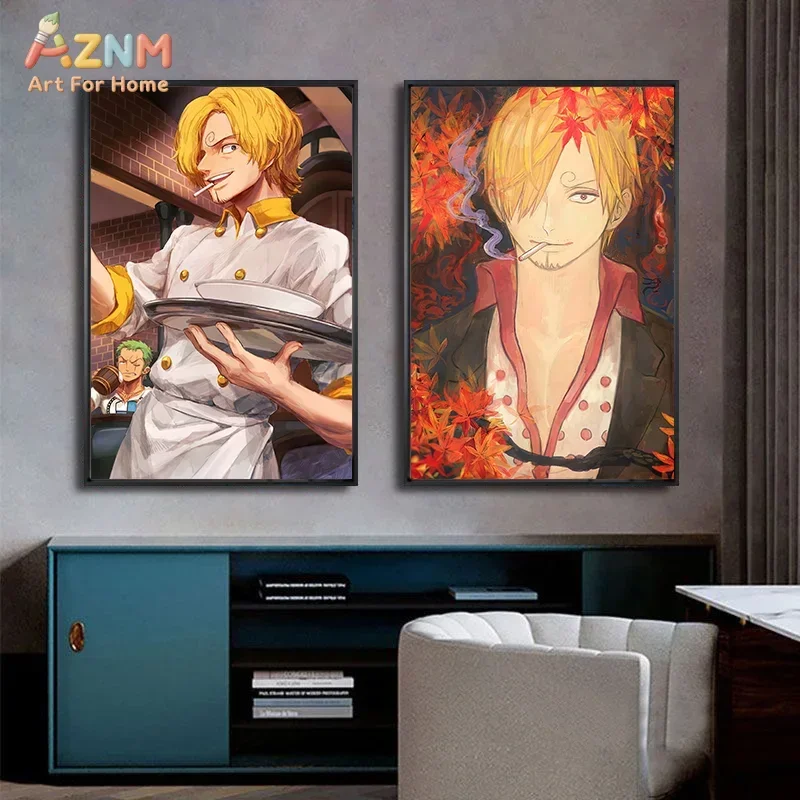 AZNM One Piece Vinsmoke Sanji Autumn Maple Leaf Anime Frameless Canvas Wall Art, Cool Chef Manga Home Living Room Decor Painting