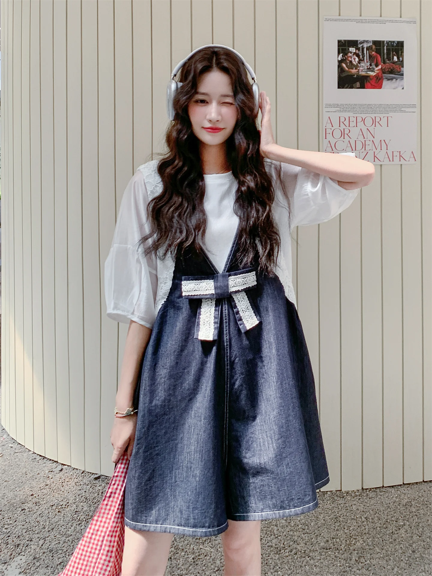 Summer  Knot Denim Overalls Women's Faion Set Two-Piece Suit Not Matched with Others Anti-Aging Trendy Ensemble