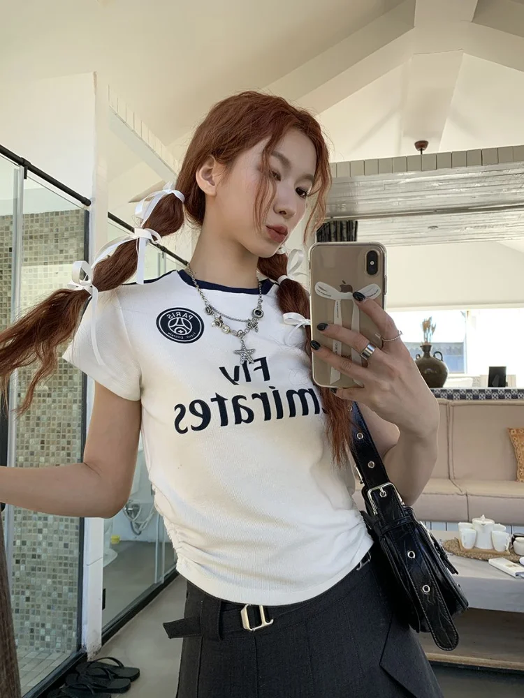 HOUZHOU Kpop Y2K White Tshirts Women Crop Tops Hippie Harajuku Vintage Streetwear Letter Drawstring Short Sleeve Tee New Female