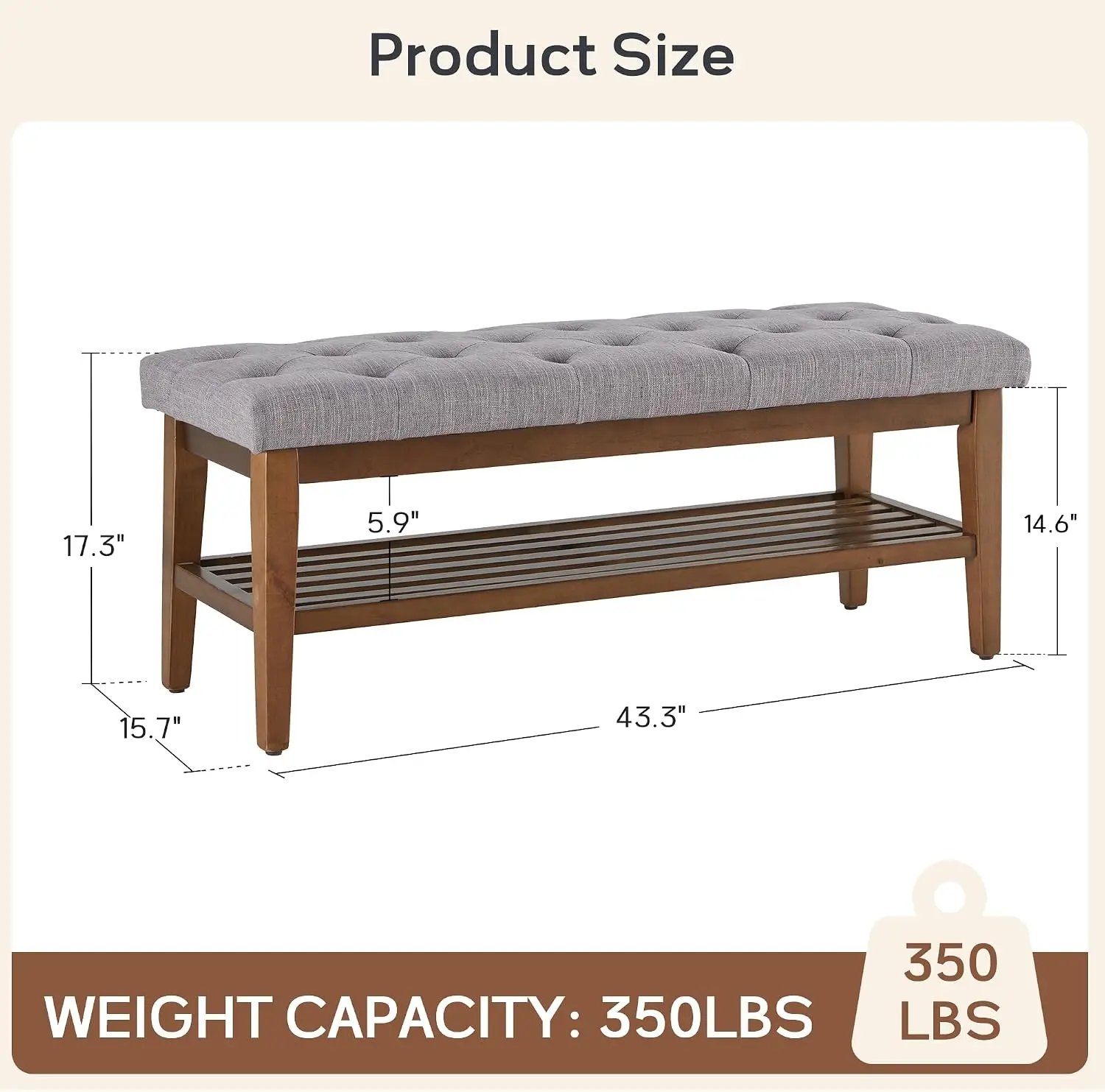 Grey Button-Tufted Upholstered Entryway Bench with Solid Wood Storage Shelf, Multi-Purpose Fabric Ottoman Bench for End of Bed Kitchen Living Room Indoor
