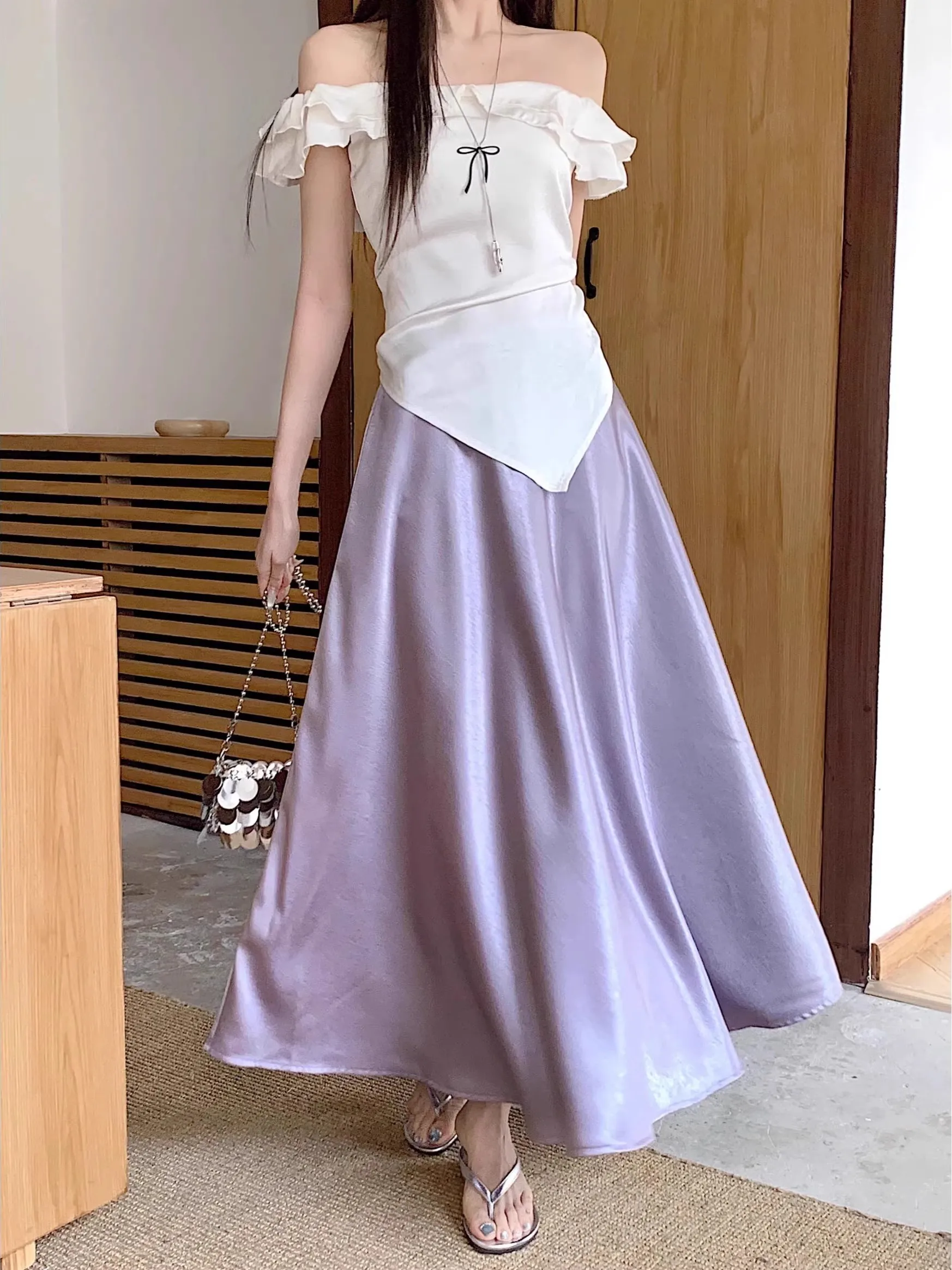 Zijde Satijn f Rok vrouwen Hoge Taille A-lijn Bla Midi Rok Zomer Faion Pendelen Koreaanse Sle Ci Casual Datum rok