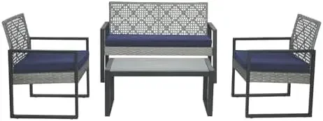 4-Piece Patio Furniture Set: Outdoor Conversation Set with Light Gray PE Rattan & Acacia Wood Table - Commercial Grade