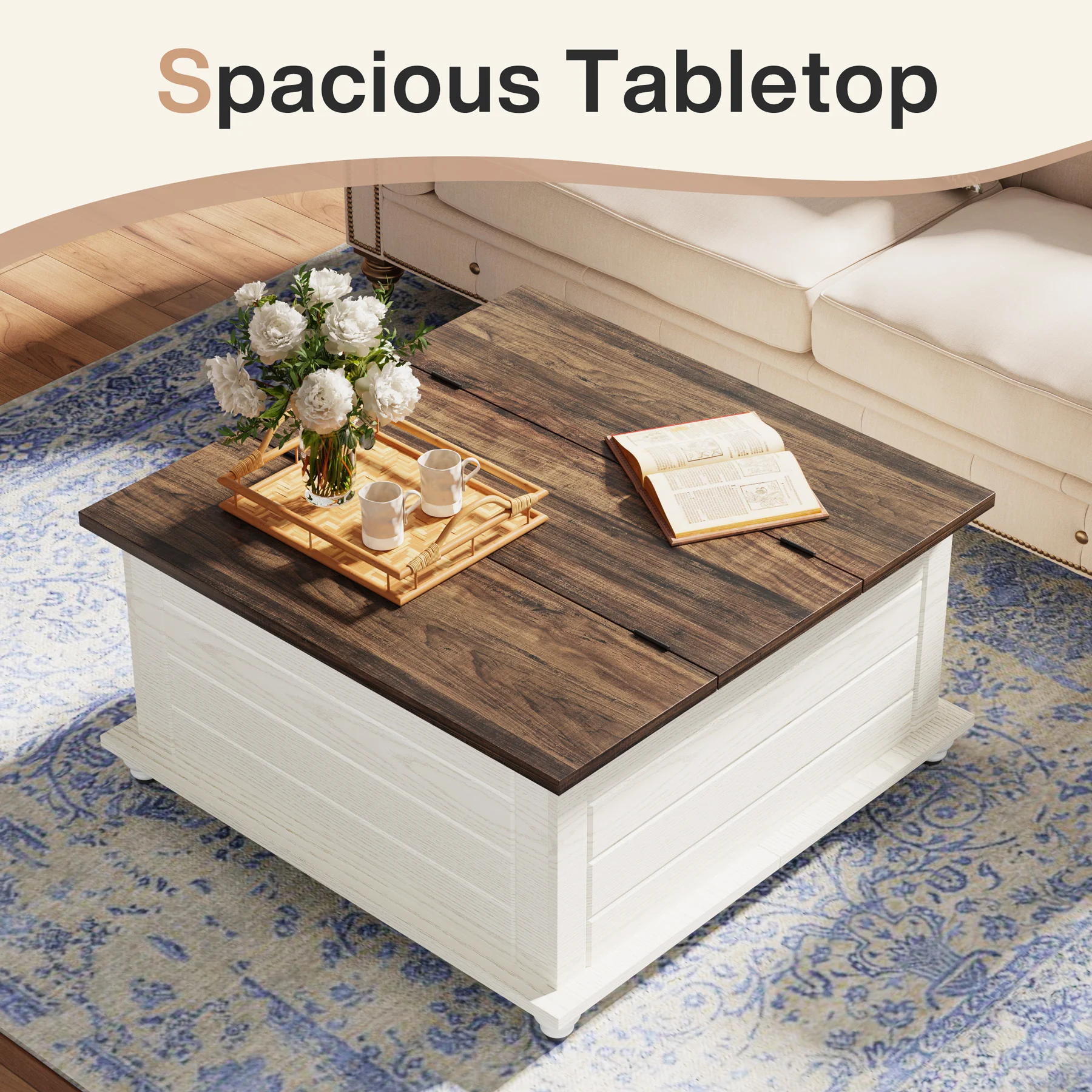 Tribesigns Farmhouse Coffee Table with Storage, Wood Square Coffee Table with Hidden Storage Compartment, Rustic Center Table