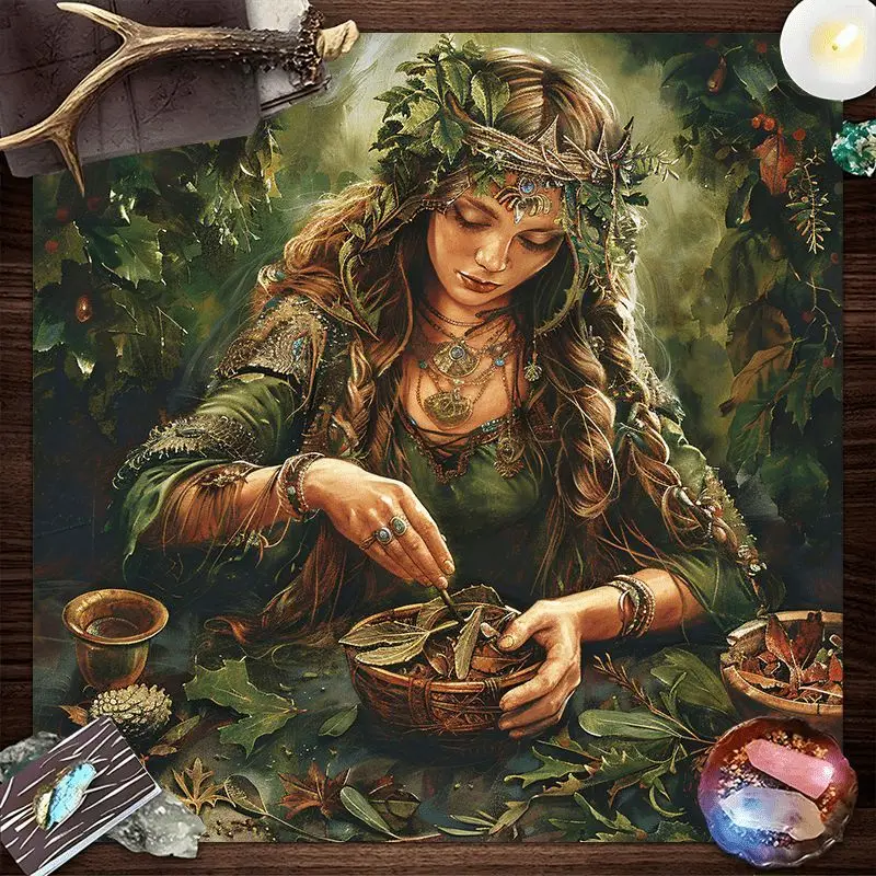 Tarot Tablecloth Rune Wheel Forest Witch Black Cat Goat Skull Tarot Card Array Altar Cloth Spiritual Decoration