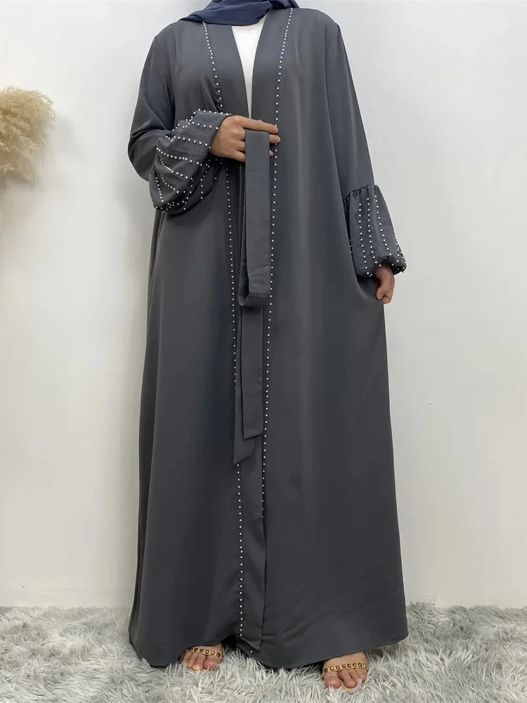 Eid Abaya for Women Muslim Dress Beading Lantern Sleeve Dubai Ramadan Cardigan Pearls Abayas Jalabiya Belt Kaftan Robe Arab 2024