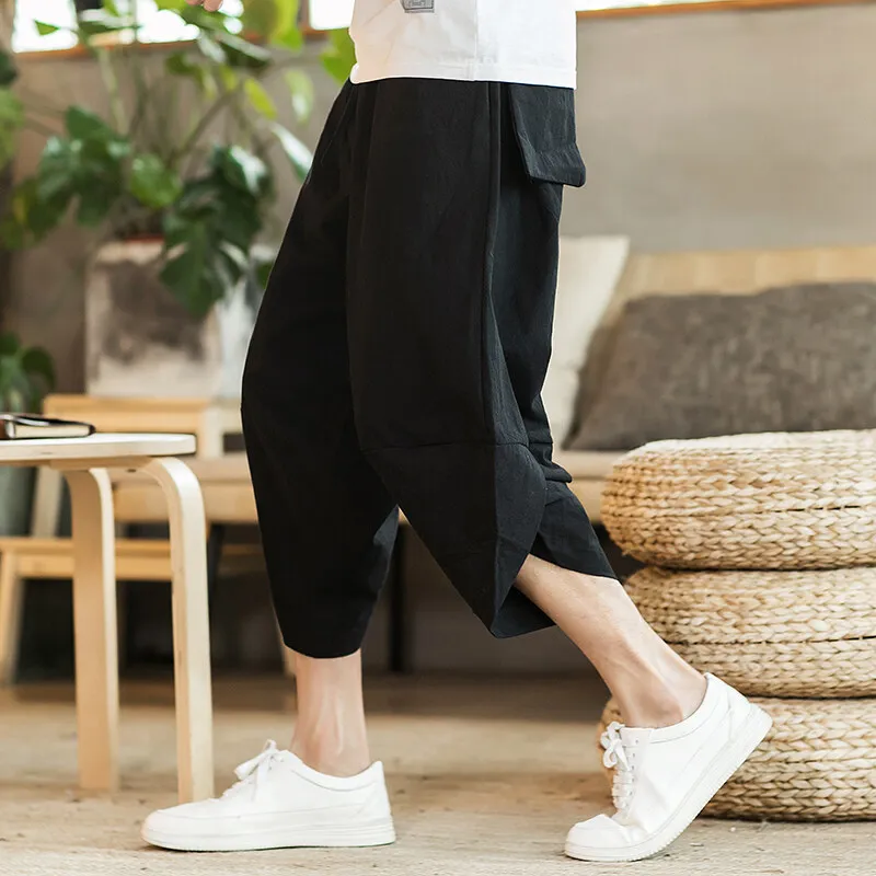 Summer New Chinese Linen Harem Pants Men's 7/8 Length Loose Casual Culottes Sports Jogger Trousers