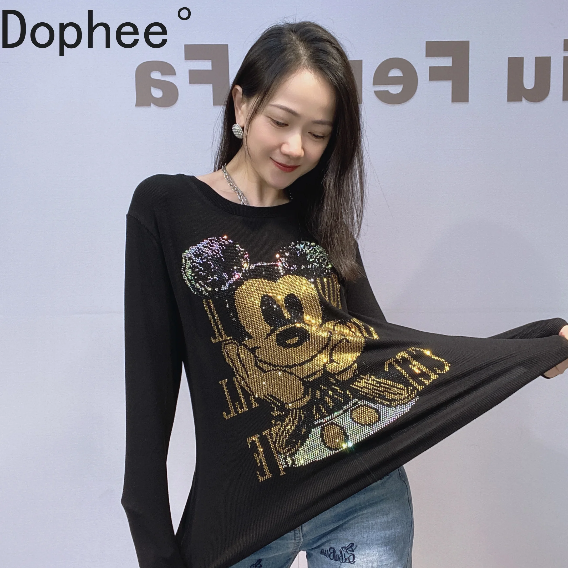 

2025 New Autumn Winter Large Size High Stretch Women Basic Tees Fashion Mickey Diamonds O-neck Pullover Top Black Cotton T-shirt