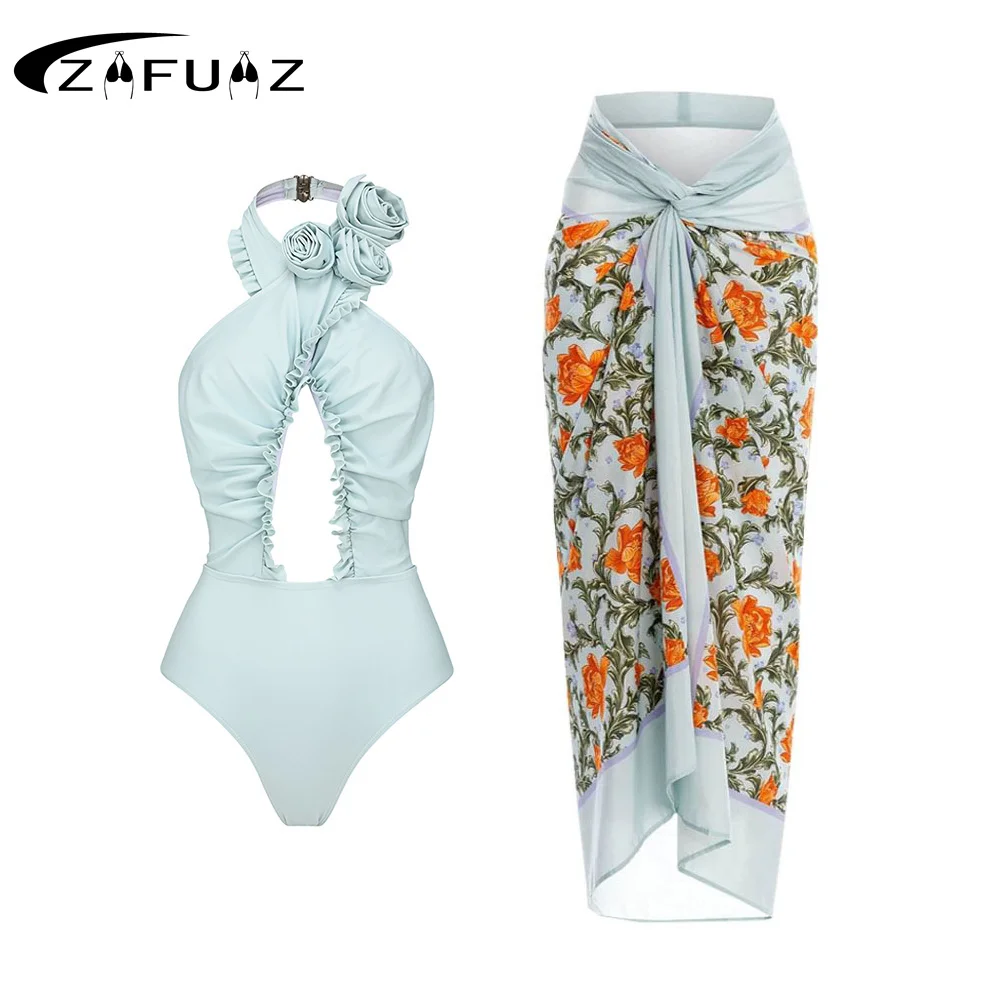 2024 Cross Halter One Piece Swimsuit 3D Flower Ruffle Print Backless Women Bikini Set Swimwear Slimming Bathing Suit Beach Wear