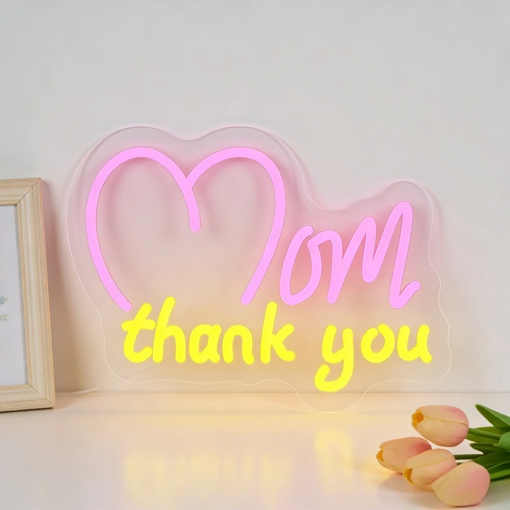 

Неоновая вывеска в форме сердца «Спасибо, мама» с LED-подсветкой, USB, регулируемая яркость, розово-желтый свет, подарок на День матери, декор для спальни, кухни, семейной комнаты