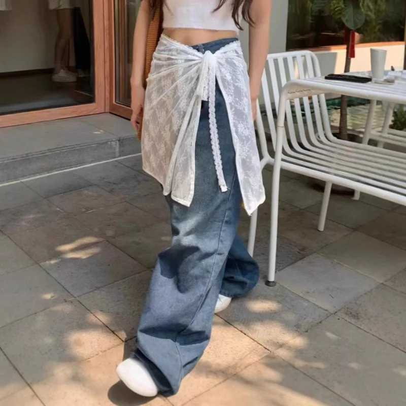 Falda delantal de encaje Y2k para mujer Falda midi de moda con lazo de cuerda Diseño versátil Accesorios de moda coreana