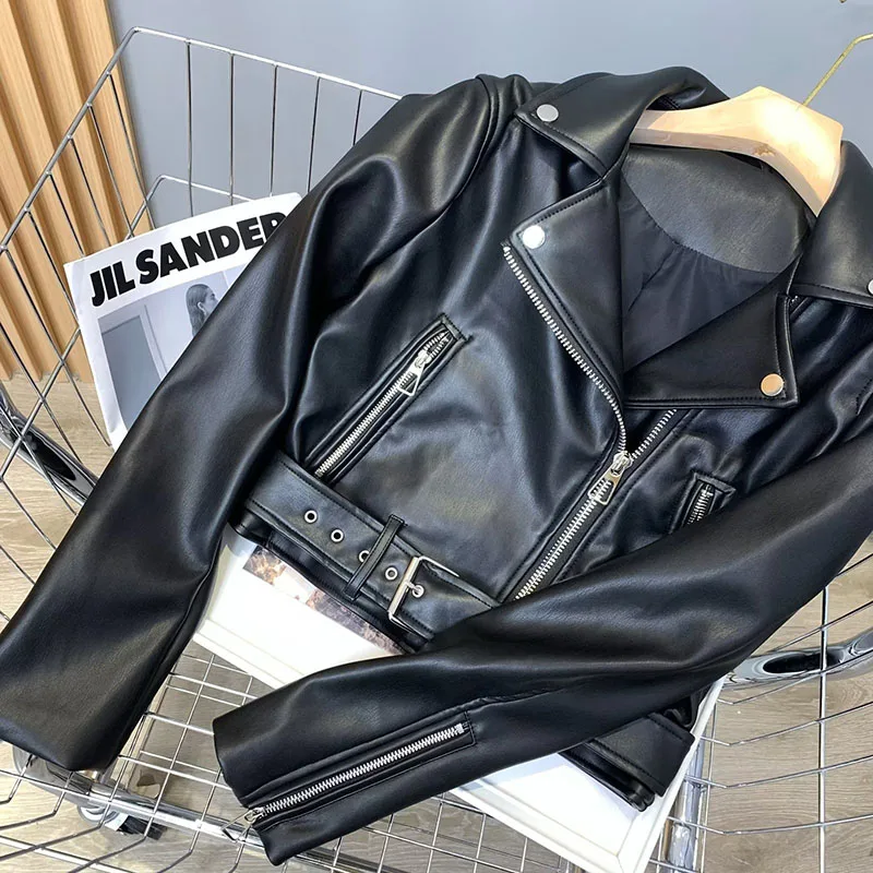 Women Vintage Motocycle Biker Belt Faux Leather Jacket Spring Autumn Streetwear Female Zipper Lapel Retro Coat Outwear