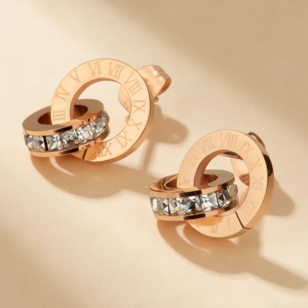 Classics Ferrule Round Earring for Women Grave Roman Numerals Stainless Steel Gold Plated Earring Vintage Jewelry Daily Wear