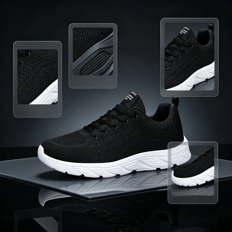 Men Breathable Knit Sneakers White Thick Sole Lace Up Lightweight Running Shoes Non Slip Soft Casual Sports Footwear for Gym