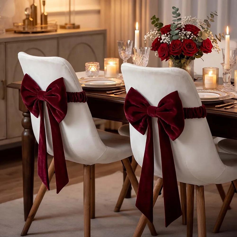1pc Velvet Christmas Chair Bow Tie Decoration With Extended Flowing Ribbons Chair Strap For Wedding Party Banquet Chair Back