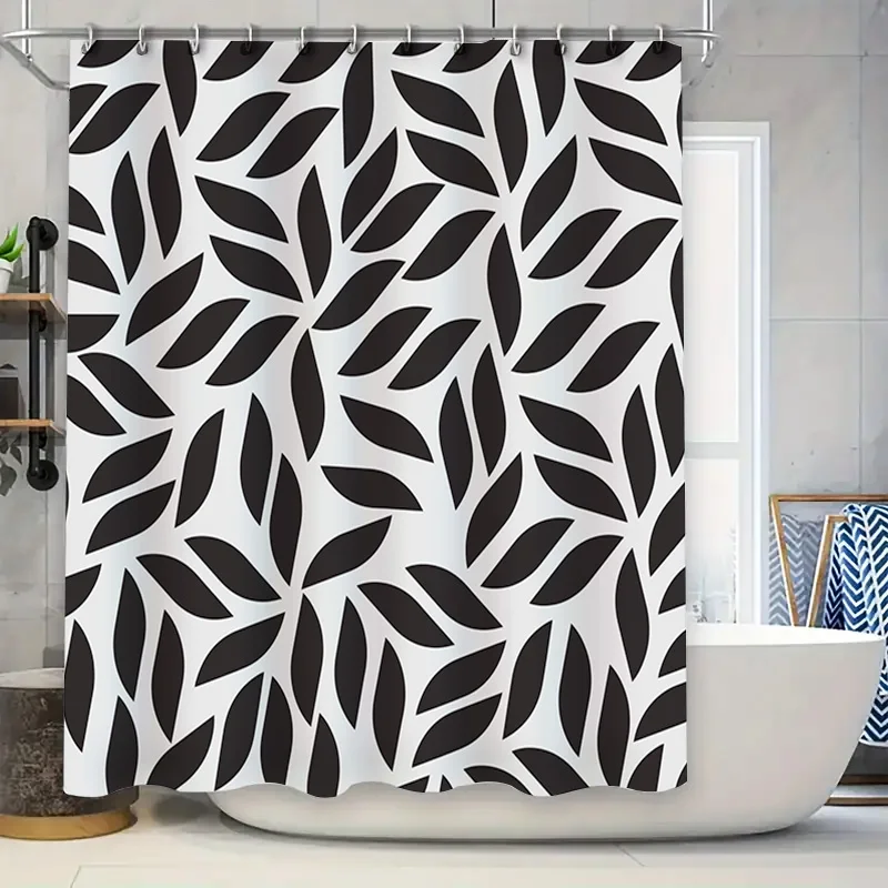 

Black White Leaf Print Shower Curtain Waterproof Bath Decor Home Decoration